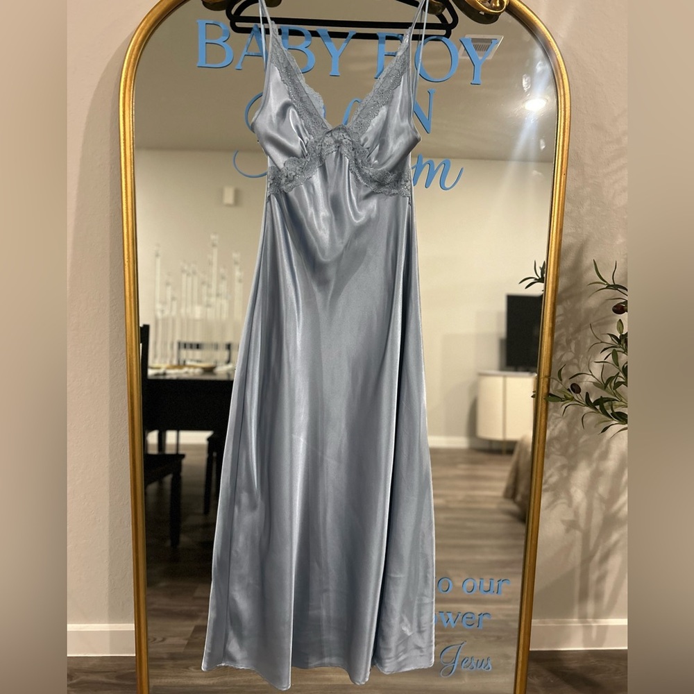 Sincerely Jules -Satin Lace Trim Slip Dress in Light Blue